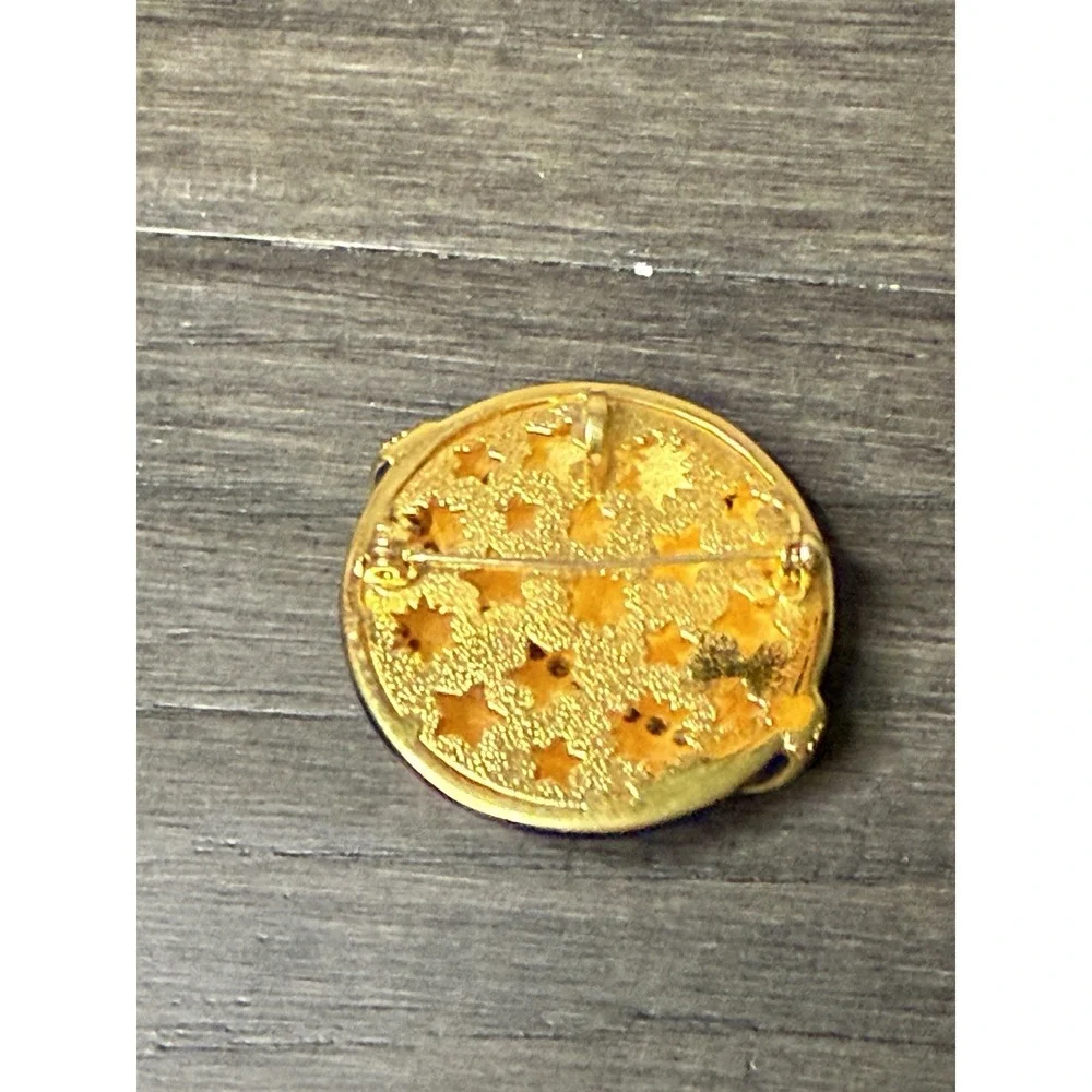 Crystal Blue Celestial Moon & Stars Gold Tone Brooch Pendant Vintage